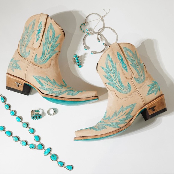 lane boots Shoes - Lane Lexington tan and turquoise cowboy boot booties 7.5